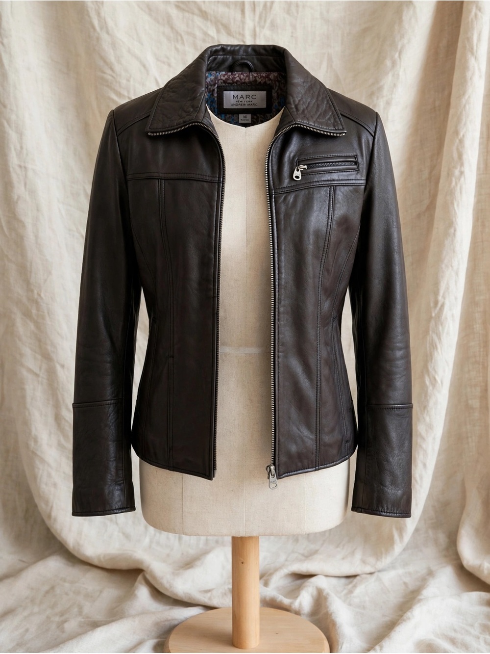 MARC NEW YORK Andrew Marc 100% LAMBSKIN Moto Jacket M - Dark Espresso / Black